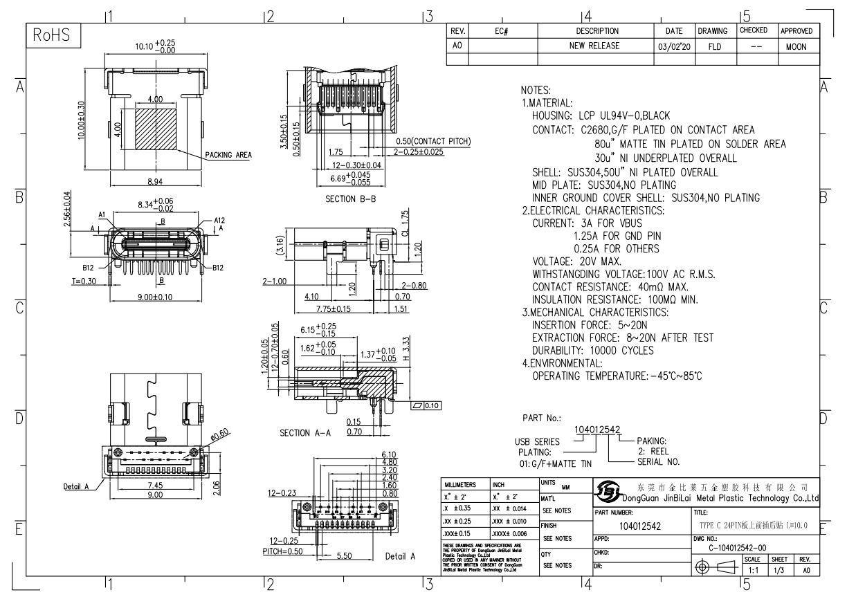 104012542-TYPE C 24PIN板上前插后貼腳長(zhǎng)1.2 L=10.0