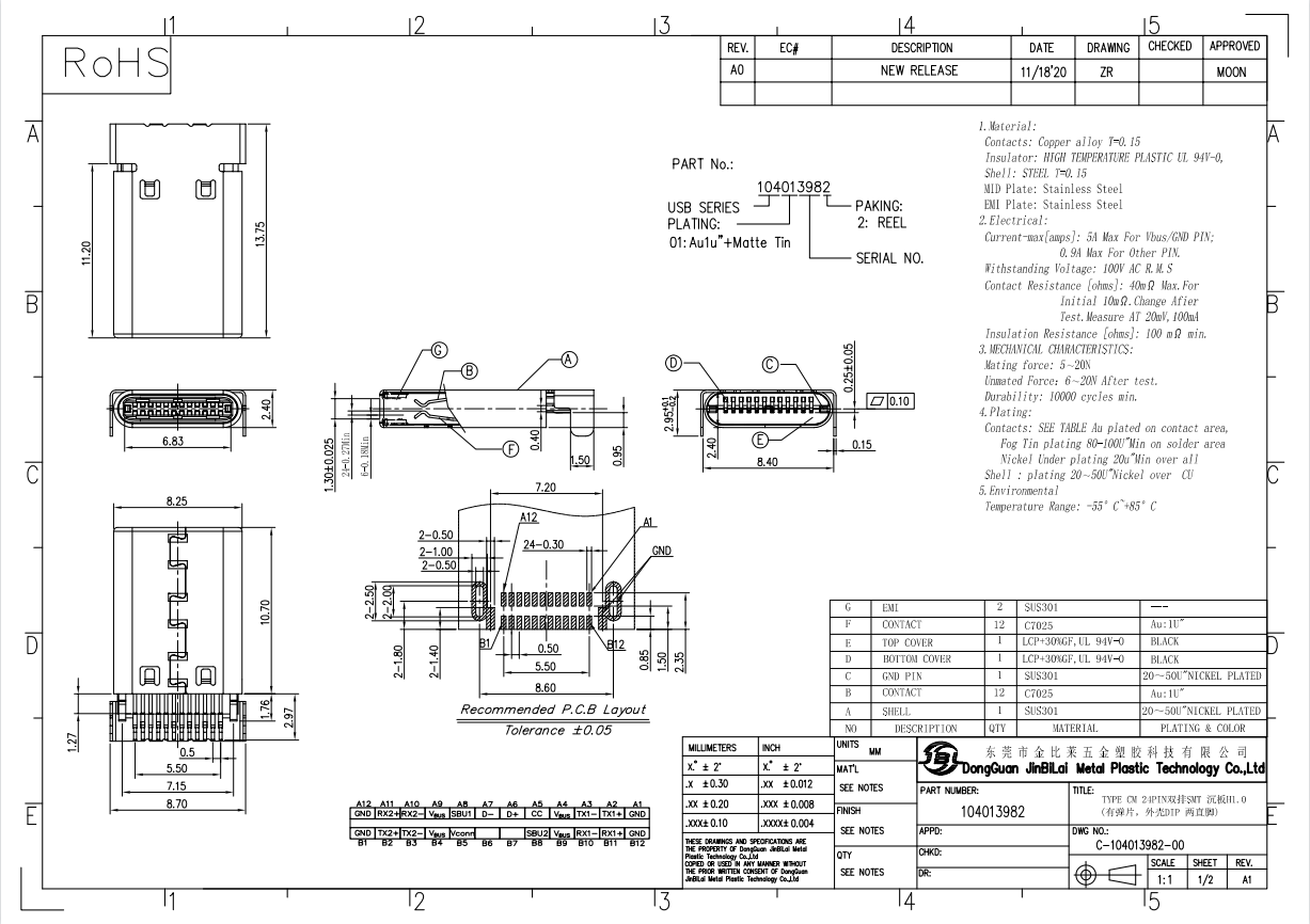 104013982-TYPE CM 24PIN雙排SMT 沉板H1.0(有彈片，外殼DIP兩直腳)